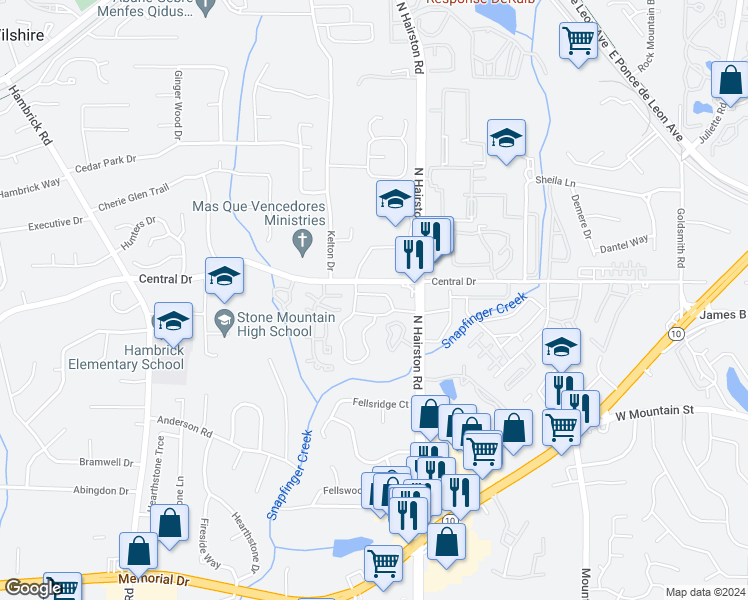 map of restaurants, bars, coffee shops, grocery stores, and more near 4723 Old Highgate Entry in Stone Mountain