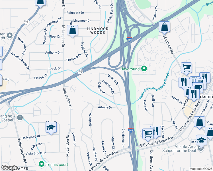 map of restaurants, bars, coffee shops, grocery stores, and more near 1118 Creekdale Drive in Clarkston