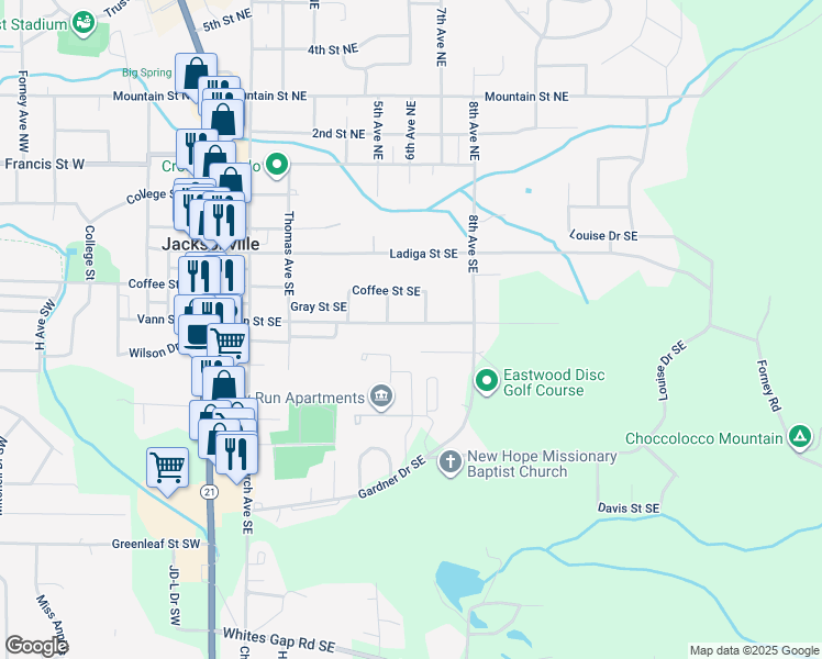 map of restaurants, bars, coffee shops, grocery stores, and more near 505 Vann Street Southeast in Jacksonville