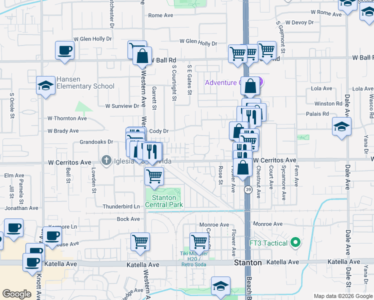 map of restaurants, bars, coffee shops, grocery stores, and more near 10391 Dana Way in Stanton