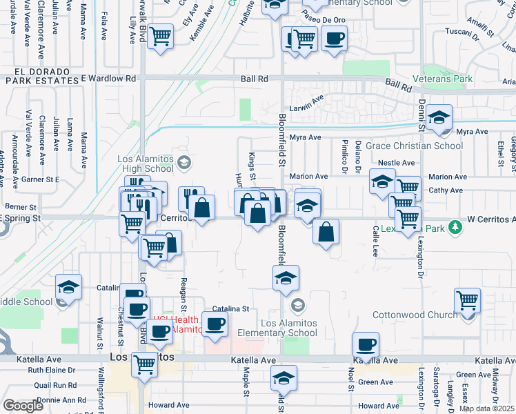 map of restaurants, bars, coffee shops, grocery stores, and more near 3941 San Joaquin Avenue in Los Alamitos
