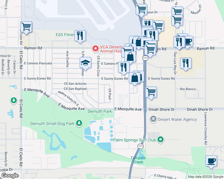 map of restaurants, bars, coffee shops, grocery stores, and more near 812 Calle Paul in Palm Springs