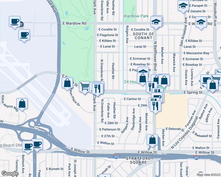 map of restaurants, bars, coffee shops, grocery stores, and more near 3028 Heather Road in Long Beach