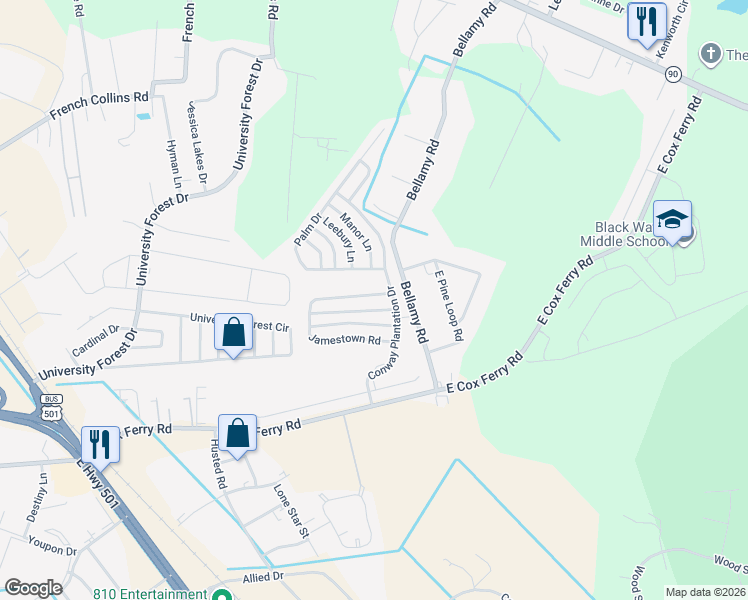 map of restaurants, bars, coffee shops, grocery stores, and more near 986 Jamestown Road in Conway
