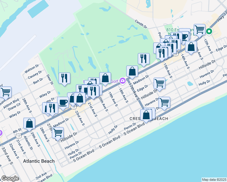 map of restaurants, bars, coffee shops, grocery stores, and more near 1818 Highway 17 South in North Myrtle Beach