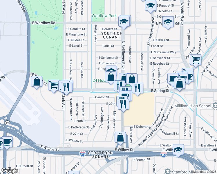 map of restaurants, bars, coffee shops, grocery stores, and more near 5336 East Pavo Street in Long Beach