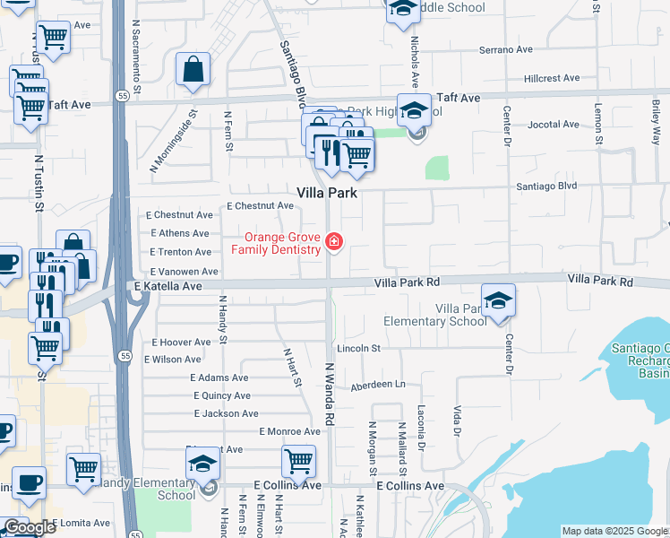 map of restaurants, bars, coffee shops, grocery stores, and more near 1421 North Wanda Road in Orange