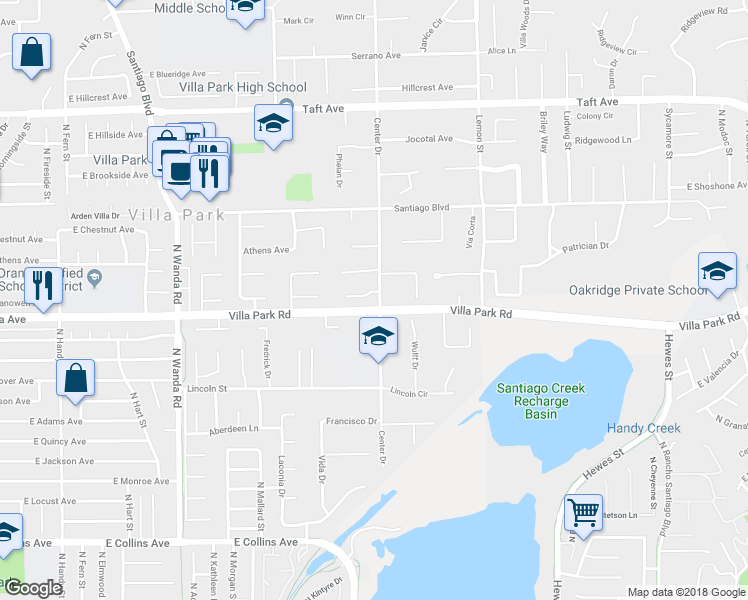 map of restaurants, bars, coffee shops, grocery stores, and more near 18262 Evergreen Circle in Villa Park