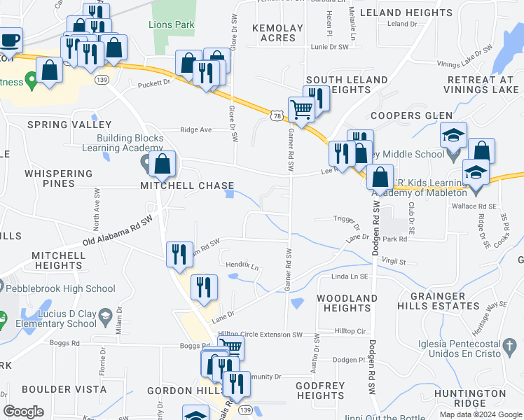 map of restaurants, bars, coffee shops, grocery stores, and more near 5911 Lone Oak Drive Southwest in Mableton