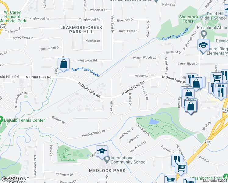 map of restaurants, bars, coffee shops, grocery stores, and more near 1275 Willivee Drive in Decatur