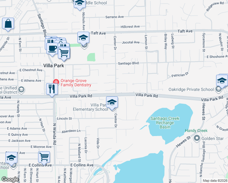 map of restaurants, bars, coffee shops, grocery stores, and more near 18262 Evergreen Circle in Villa Park