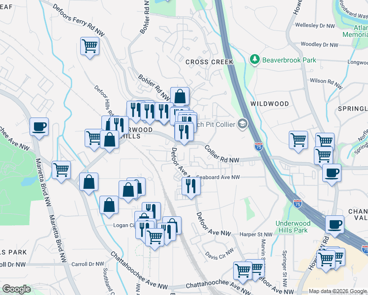 map of restaurants, bars, coffee shops, grocery stores, and more near 1170 Collier Road Northwest in Atlanta