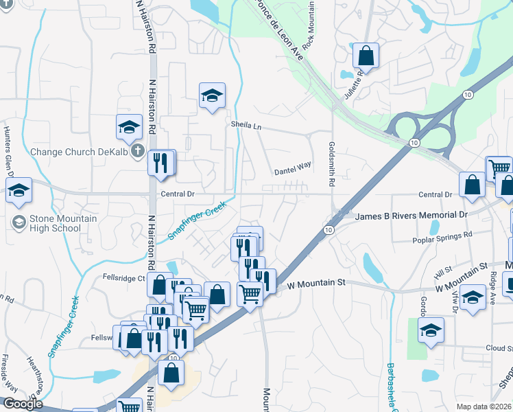 map of restaurants, bars, coffee shops, grocery stores, and more near 4941 Central Drive in Stone Mountain