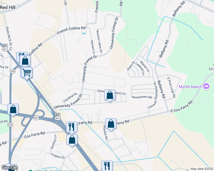 map of restaurants, bars, coffee shops, grocery stores, and more near Palm Terrace Loop in Conway