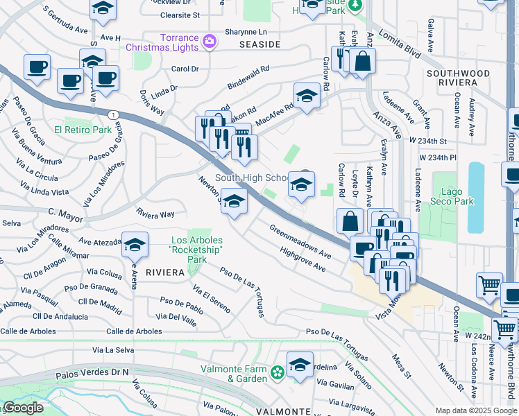 map of restaurants, bars, coffee shops, grocery stores, and more near 4902 Pacific Coast Highway in Torrance