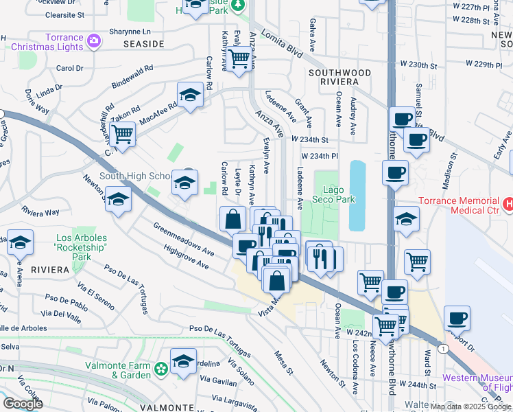 map of restaurants, bars, coffee shops, grocery stores, and more near 23608 Kathryn Avenue in Torrance