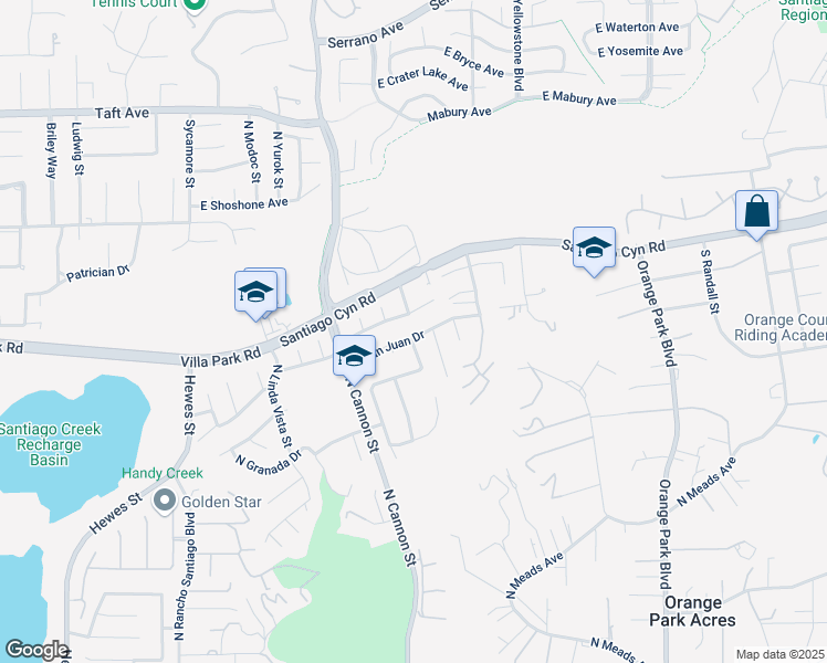 map of restaurants, bars, coffee shops, grocery stores, and more near 5734 East Valencia Drive in Orange