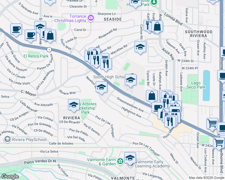 map of restaurants, bars, coffee shops, grocery stores, and more near 4847 California 1 in Torrance
