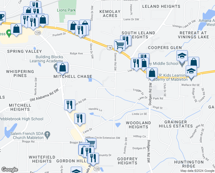 map of restaurants, bars, coffee shops, grocery stores, and more near 5899 Lone Oak Drive Southwest in Mableton