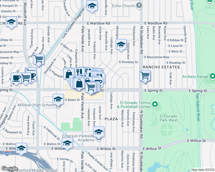 map of restaurants, bars, coffee shops, grocery stores, and more near 3012 Knoxville Avenue in Long Beach