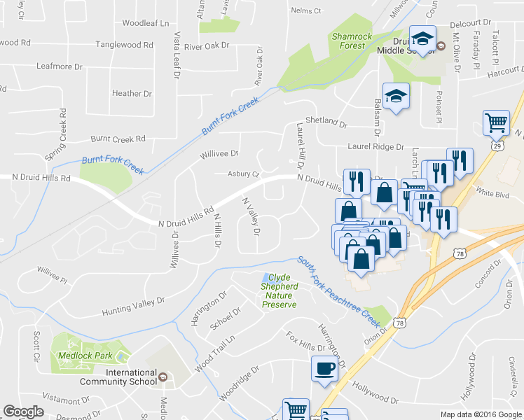 map of restaurants, bars, coffee shops, grocery stores, and more near 900 Homewood Court in Decatur