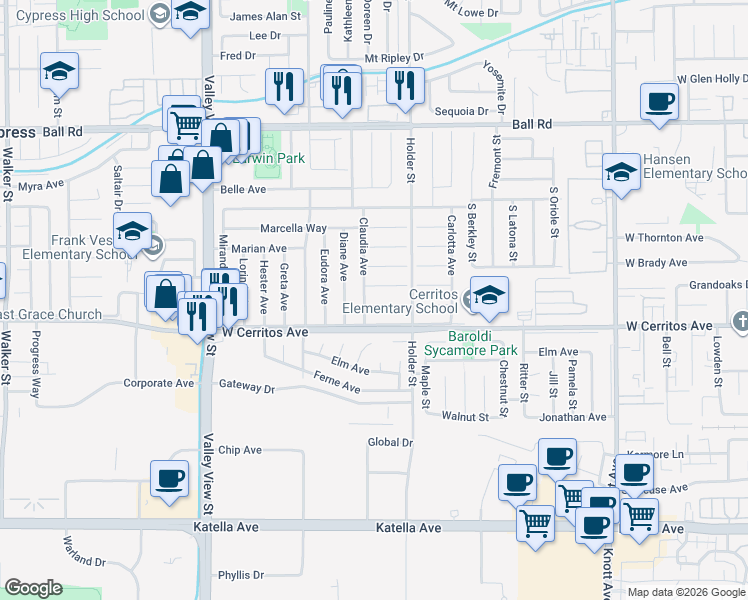 map of restaurants, bars, coffee shops, grocery stores, and more near 6411 Carolina Circle in Buena Park