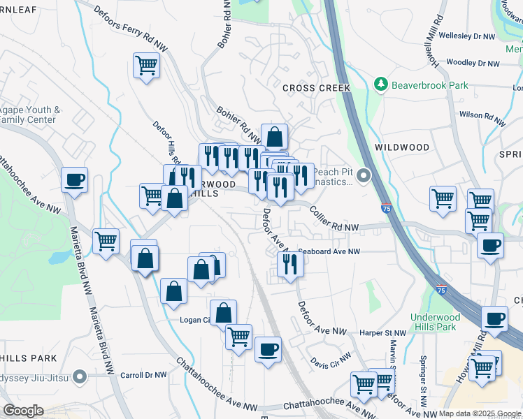 map of restaurants, bars, coffee shops, grocery stores, and more near 2030 Defoor Avenue Northwest in Atlanta