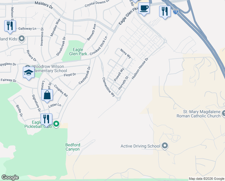 map of restaurants, bars, coffee shops, grocery stores, and more near 2521 Verna Drive in Corona