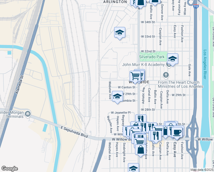 map of restaurants, bars, coffee shops, grocery stores, and more near 2121 West Canton Street in Long Beach