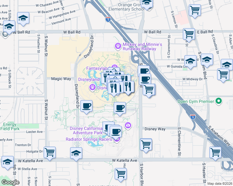 map of restaurants, bars, coffee shops, grocery stores, and more near Center Street in Anaheim