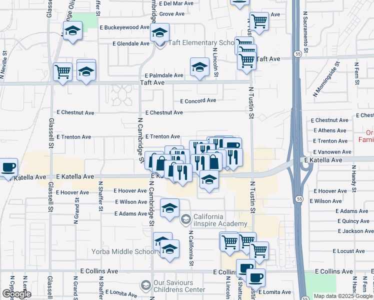 map of restaurants, bars, coffee shops, grocery stores, and more near 1232 East Vanowen Avenue in Orange
