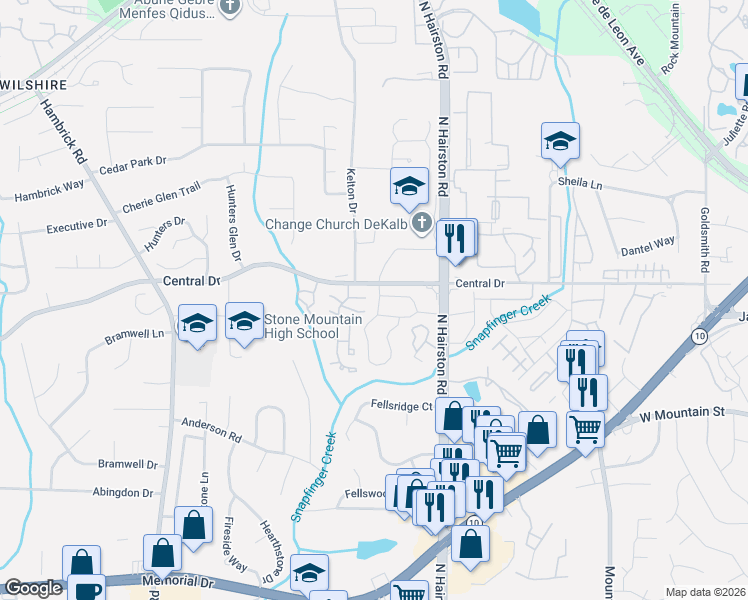 map of restaurants, bars, coffee shops, grocery stores, and more near 903 Park Gate Place in Stone Mountain