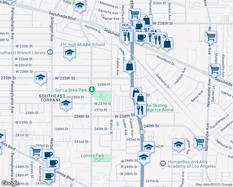 map of restaurants, bars, coffee shops, grocery stores, and more near 23701 South Western Avenue in Torrance