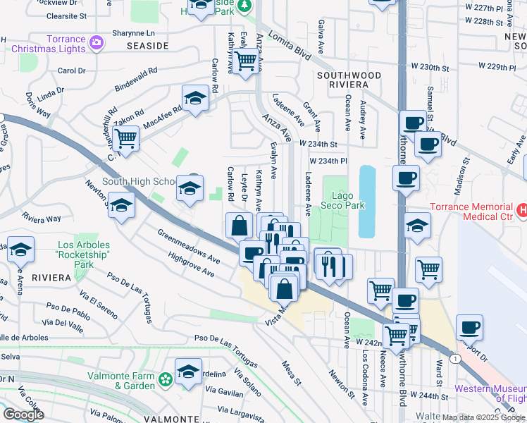 map of restaurants, bars, coffee shops, grocery stores, and more near 23608 Kathryn Avenue in Torrance