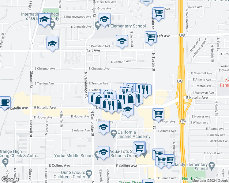 map of restaurants, bars, coffee shops, grocery stores, and more near 1232 East Vanowen Avenue in Orange