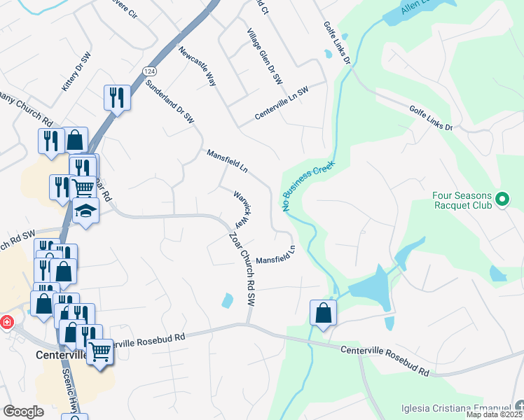 map of restaurants, bars, coffee shops, grocery stores, and more near 3469 Mansfield Lane in Snellville