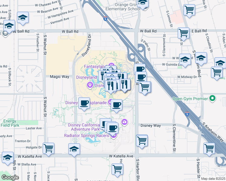 map of restaurants, bars, coffee shops, grocery stores, and more near Center Street in Anaheim