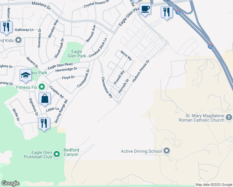 map of restaurants, bars, coffee shops, grocery stores, and more near 2523 Verna Drive in Corona