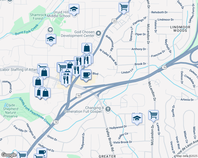 map of restaurants, bars, coffee shops, grocery stores, and more near 1949 Brian Way in Decatur
