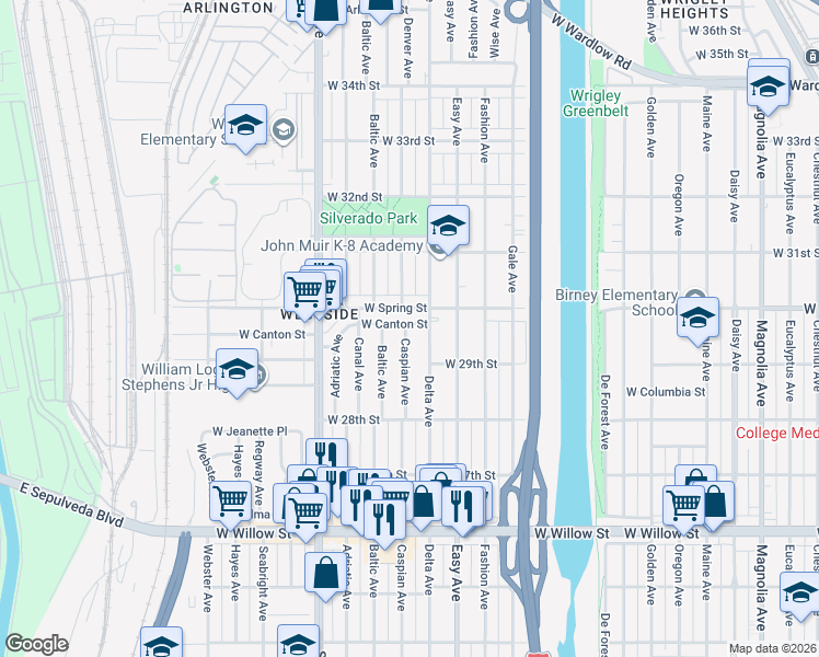 map of restaurants, bars, coffee shops, grocery stores, and more near 2970 Caspian Avenue in Long Beach