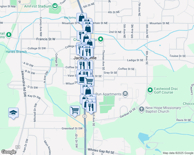 map of restaurants, bars, coffee shops, grocery stores, and more near 205 Vann Street Southeast in Jacksonville