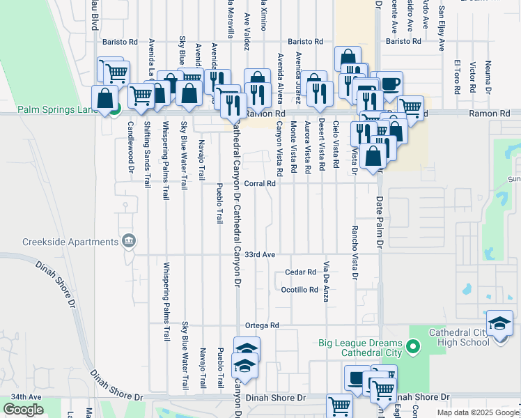 map of restaurants, bars, coffee shops, grocery stores, and more near 32609 Wishing Well Trail in Cathedral City