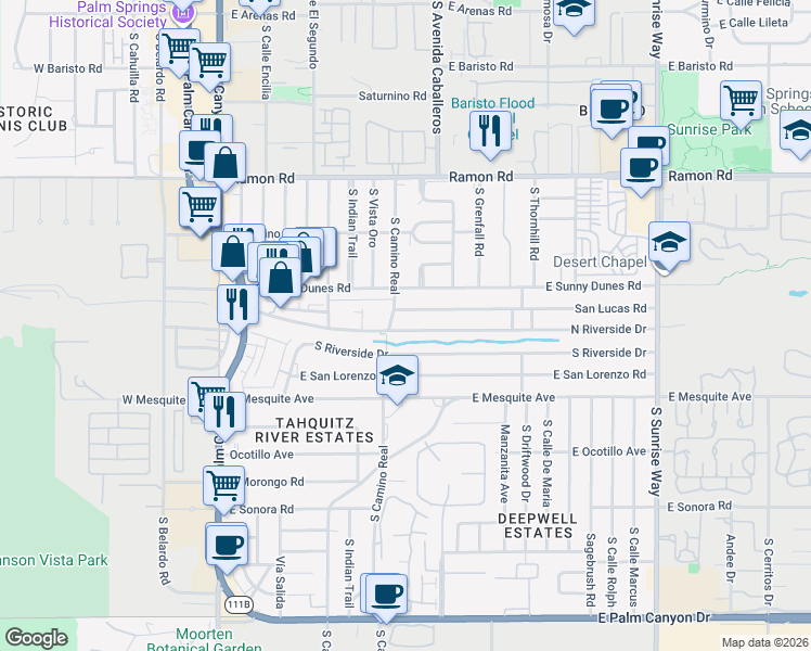 map of restaurants, bars, coffee shops, grocery stores, and more near 843 San Lucas Road in Palm Springs