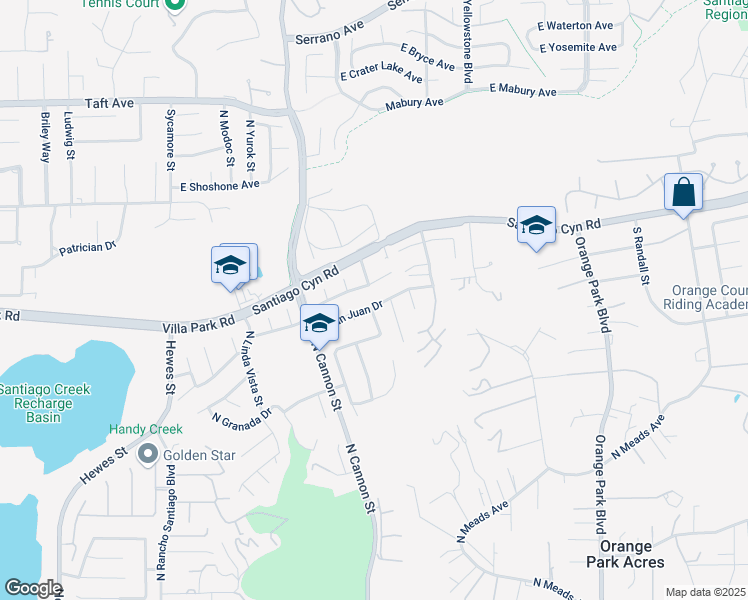 map of restaurants, bars, coffee shops, grocery stores, and more near 5734 East Valencia Drive in Orange