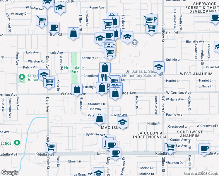 map of restaurants, bars, coffee shops, grocery stores, and more near 2549 Lullaby Lane in Anaheim