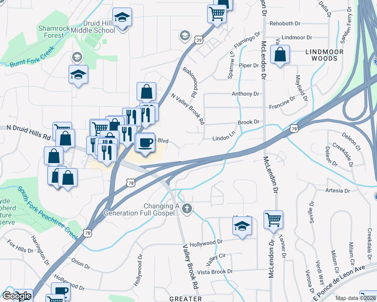 map of restaurants, bars, coffee shops, grocery stores, and more near 2064 Brian Way in Decatur