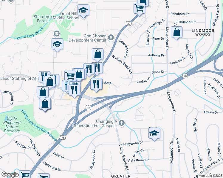 map of restaurants, bars, coffee shops, grocery stores, and more near 1949 Brian Way in Decatur