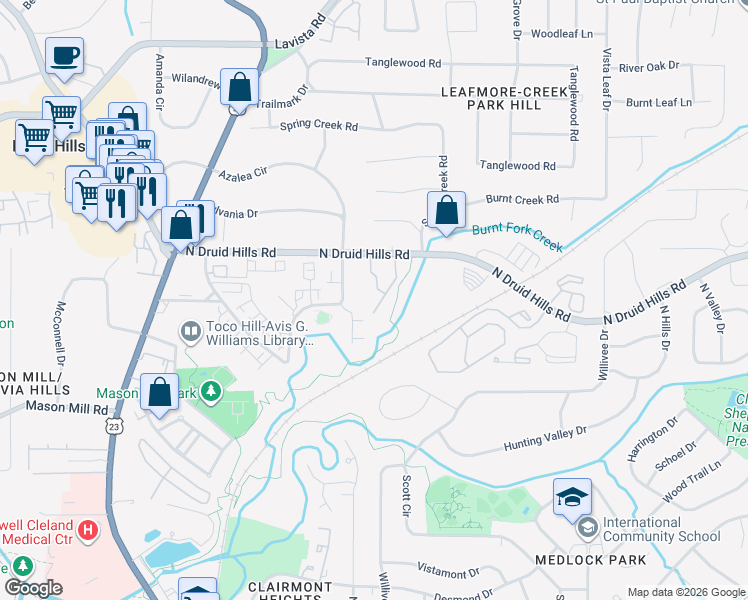 map of restaurants, bars, coffee shops, grocery stores, and more near 1131 Kingstown Court in Decatur