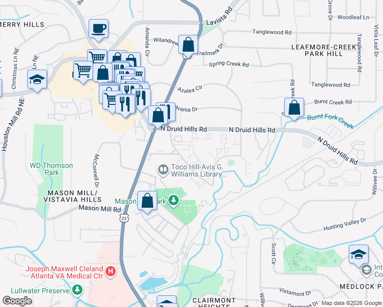 map of restaurants, bars, coffee shops, grocery stores, and more near 1095 North Jamestown Road in Decatur