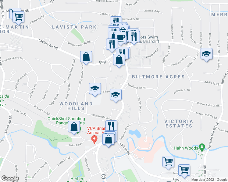 map of restaurants, bars, coffee shops, grocery stores, and more near 1117 Weatherstone Drive Northeast in Atlanta